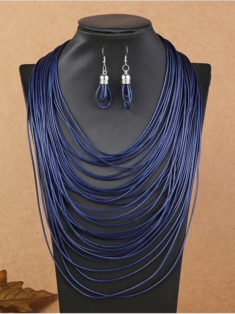 Elegant Multi-Strand Navy Statement Necklace with Matching Earrings